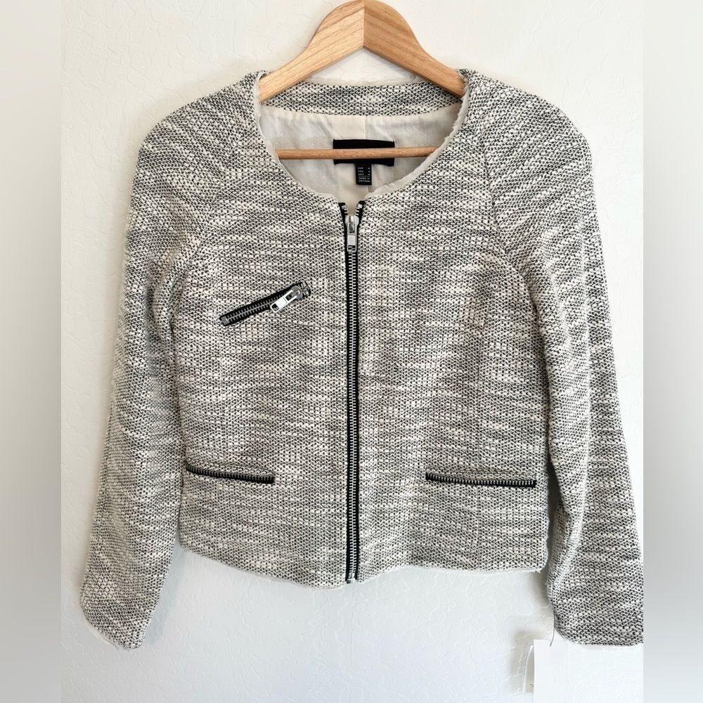 NWT Mango MNG tweed jacket w zipper accents Size Small Ivory and Black